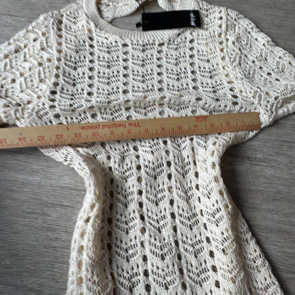 Nasty Gal Crochet Knit Mini Dress NWT US 12 Open Back Cream Long Sleeve Flared - Picture 6 of 8